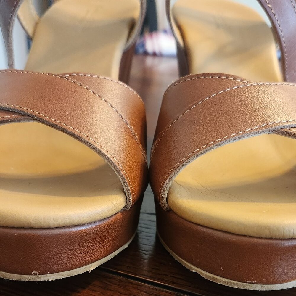 Garnet Hill Italian Leather Caramel Color Wedge Sandals - Picture 4 of 9